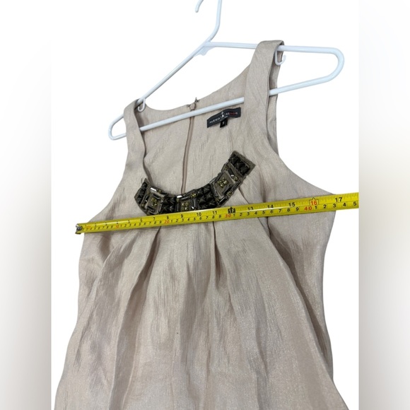 Alexia Admor Jewel Stone Crystal Neck Pleated Trapeze Dress Shimmer Taupe Tan S - Picture 9 of 11